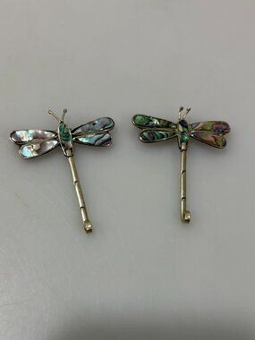 Lot of 2 Alpaca Silver Dragonfly Brooches Abalone Iridescent Shell Wings Vintage